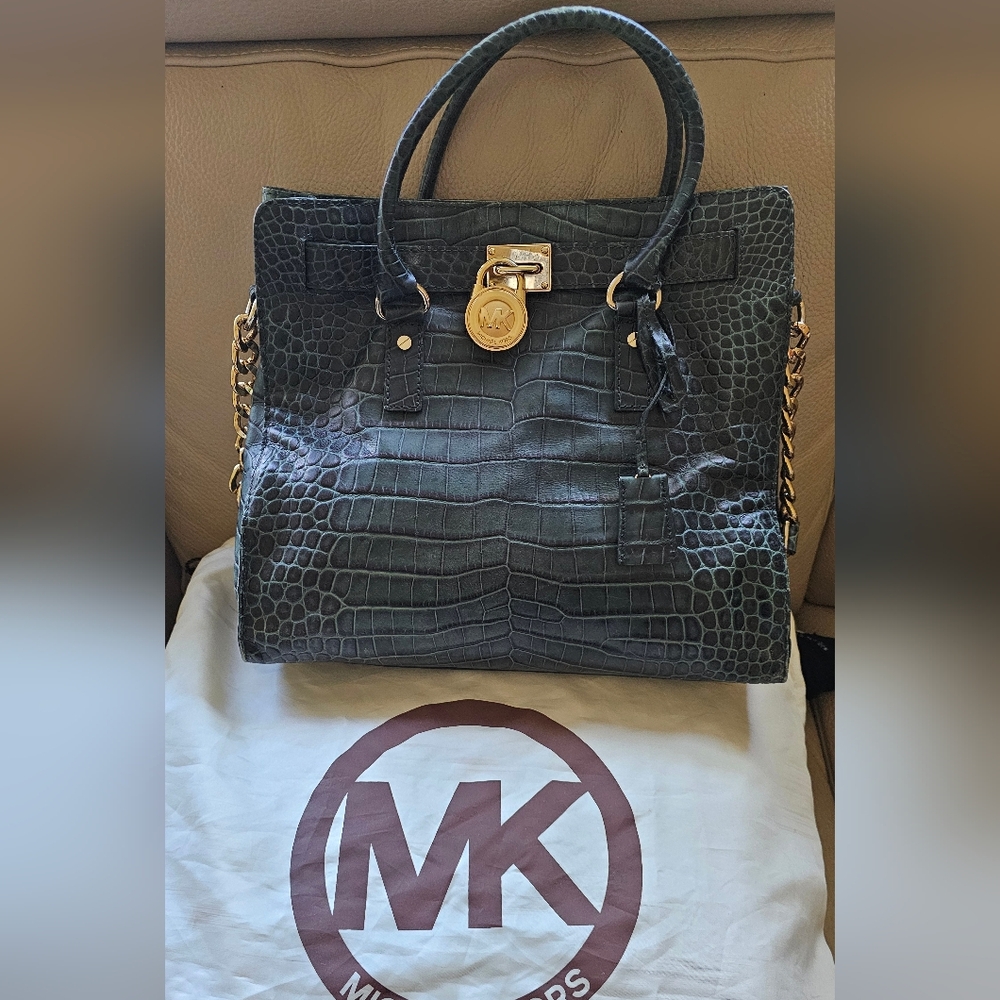 Michael Kors Dark Green Crocodile Embossed Vintage Hamilton.
